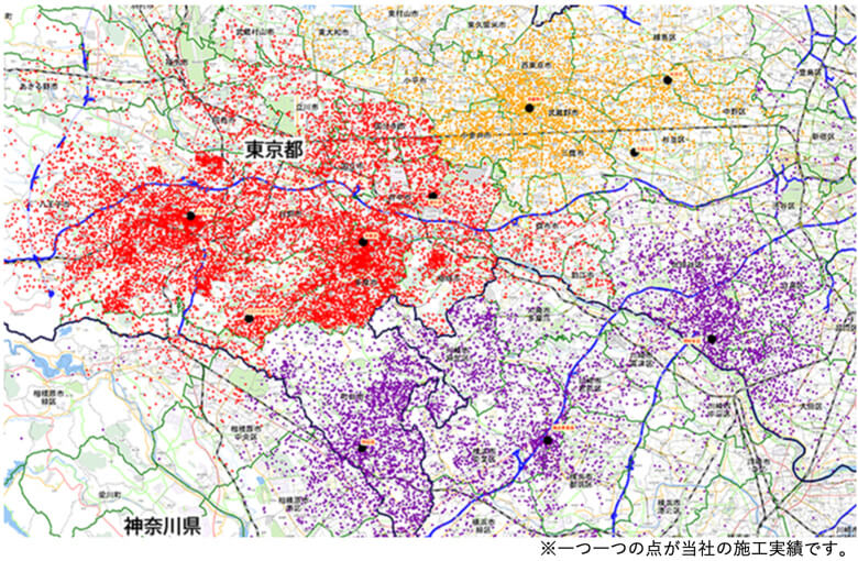 施工地域・施工実績MAP MAP上の一つ一つの点が当社の施工実績です。