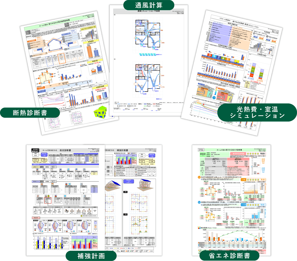 断熱診断書,通風計算,光熱費・室温
シミュレーション,補強計画,省エネ診断書